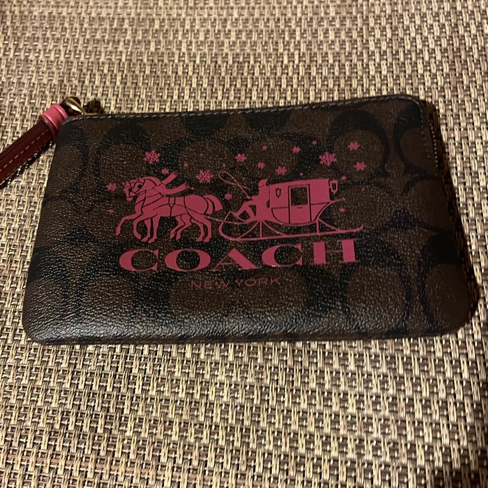 Coach Brown Wristlet with Pink Logo